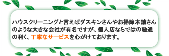 ハウスクリーニングと言えばダスキンさんやお掃除本舗さんのような大きな会社が有名ですが、個人店ならではの融通の利く、丁寧なサービスを心がけております。